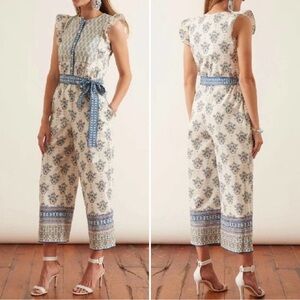 Gal Meets Glam Collection Eden Jumpsuit Women's Blue Combo Sleeveless - Size 00